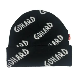 OEM أزياء سوداء الشتاء قبعة متماسكة مخصص في جميع أنحاء طباعة مع كامل الجاكار المطرزة شعار قبعة