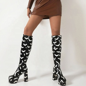 Bright Patent High Block Heel Shoes Women Prints Long Booties Square Toe Platform Knee-High Booties - Product Image 5