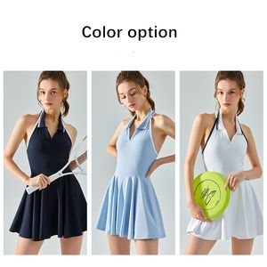 Robe de tennis sans manches Xsunwing New Lulu avec col polo, avec coussinets de poitrine, combinaisons de yoga, shorts de badminton, culottes de sport WDS521 - Product Image 3