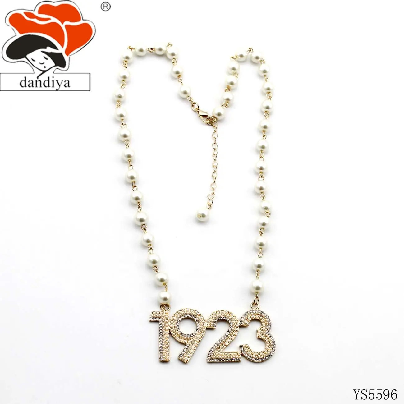 1923 Perle und Kristall-Charmanz mit Brillen Perlenkette griechisches Schwesternhaus & Brüderlichkeit JEUWEL individuelle Jahresnummer Logo-Kette