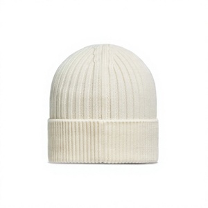 Bonnet en tricot côtelé crème avec revers plié, couleur unie, chaud pour l'hiver, décontracté, unisexe - Product Image 1