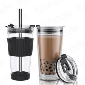 Emode-Tazas de vidrio con tapas y taza de <span class=keywords><strong>café</strong></span> con hielo de paja, resistentes al calor, con pajitas de Metal, adecuada para <span class=keywords><strong>café</strong></span>, Jui - Product Image 2