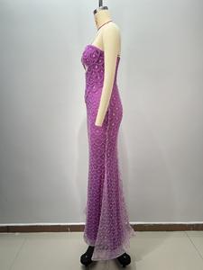 لؤلؤ أرجواني مطرز بالخرز حبيبته الرقبة مثير قذيفة الماس ذيل السمكة مثير حمالة مساء حفلة موسيقية اللباس طول الكلمة - Product Image 4