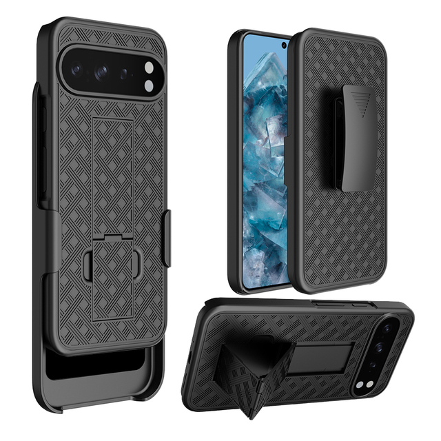 2-in-1 PC Belt Clip Holster Phone Case with Bracket Shockproof Protective Cover for Google Pixel 9 Pro Mobile Devices