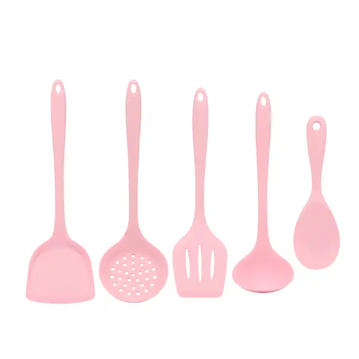 5Pcs Pink Silicone Utensils with Wooden Handles Wholesale