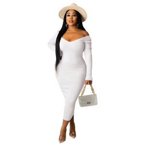 Abito da donna con scollo a v e scollo a v sottile di grande vendita 2023 abito maglione <span class=keywords><strong>bianco</strong></span> a coste a <span class=keywords><strong>maniche</strong></span> <span class=keywords><strong>lunghe</strong></span> autunno - Product Image 5