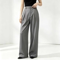 Pantalon gris taille haute à double pli, coupe large, fluide, longueur complète, droit, pour femme, style décontracté ou professionnel