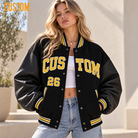Blouson Bomber Varsity Femme Brodé avec Appliques, Patchwork, Passepoil, Coutures, Manches Contrastantes, Boutons Pression et Bordures Côtelées – Style Streetwear
