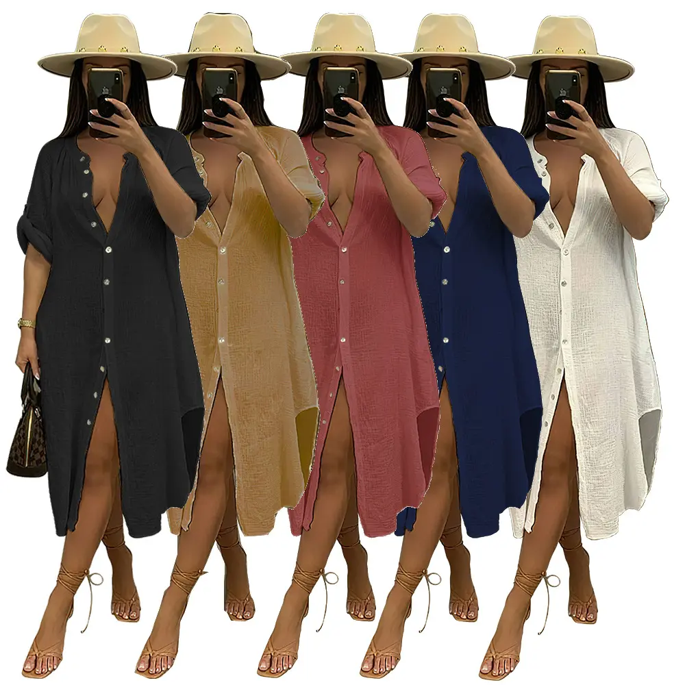 x30322 Ladies Shirt Dress Casual High Quality Long Dress Summer Street Beach Wear Crew Neck Elegant Fashion Ladies dresses