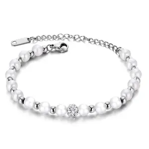 Pulsera de perlas Fashion pearl bracciale spacer beads bracciale in acciaio al titanio con bracciale con perle a sfera rotonda in zirconia per donna