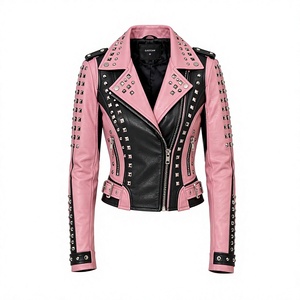 CAEFJHH Blouson Bomber Rose Vintage en Peau de Mouton Respirant pour Femme, Manches Longues, Décoration Rivets, Fermeture Éclair, Col Étendu, Automne - Product Image 1
