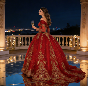 Vestido de Quinceañera con Lentejuelas Rojas Brillantes - Vestido de Gala con Cola de Corte Bordado a Mano en Oro - Product Image 3