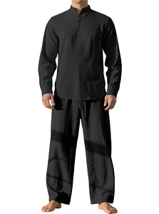 Completo Casual da <span class=keywords><strong>Uomo</strong></span> in <span class=keywords><strong>Lino</strong></span> a Due Pezzi, Motivo Tinta Unita, Camicia a Maniche Lunghe Larga e Traspirante con Pantaloni, Perfetto Outfit Autunnale da <span class=keywords><strong>Spiaggia</strong></span> - Product Image 4