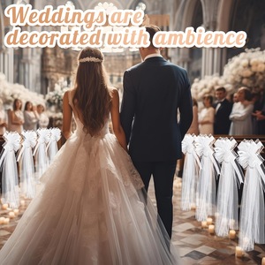 Lot de 4 bancs de mariage blancs avec nœuds papillon et longues ailes en voile pour la décoration de l'allée de l'église et la décoration de voiture de mariage - Product Image 1