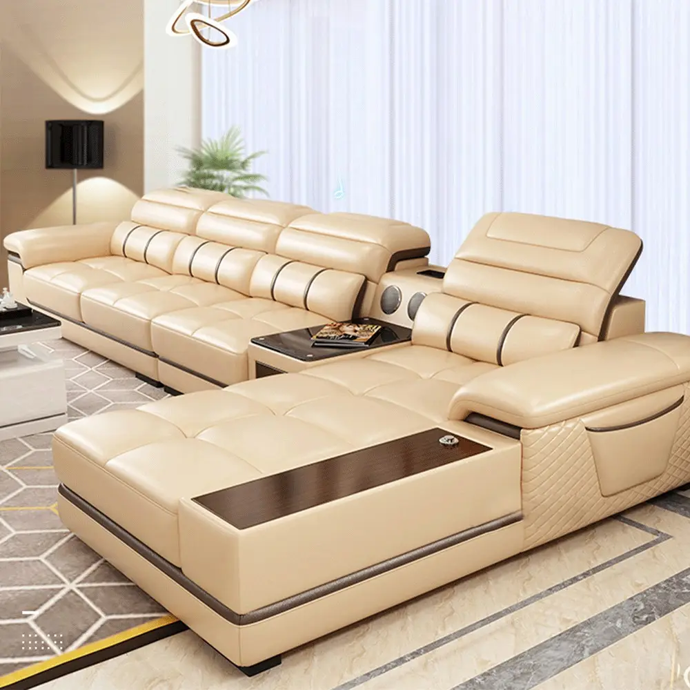 Sofa rumah mewah Italia, tempat tidur Sofa Modern sudut berbaring kulit asli dengan set penyimpanan