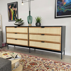 Meuble de salon Isabella en bois de teck massif Portes en rotin naturel Pieds en métal robustes revêtus de poudre Design moderne - Product Image 4