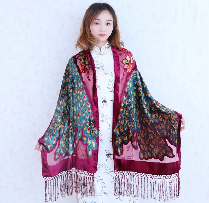 Geerdeng thanh lịch cổ điển mượt Viscose Pashmina Peacock nhung lụa tua tay thêu Burnout quấn khăn choàng khăn cho phụ nữ