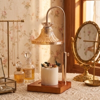 Lampe chauffe-bougie élégante en or rose avec abat-jour en verre ambré, diffuseur de cire, cadeau pour maman, Noël, base carrée en bois, ambiance cosy