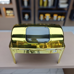 Piring Chafing Mewah Dekoratif 9,0 L, Piring Kapasitas Besar Bentuk Persegi Panjang dan Rol Atas Chafing Warna Perak dan Emas - Product Image 3