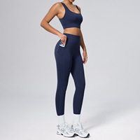 Set Yoga 2 Potong Wanita Pinggang Tinggi, Bernapas, Elastis, Membentuk Tubuh dengan Kantong, Bahan Nylon Spandex, untuk Olahraga Fitness
