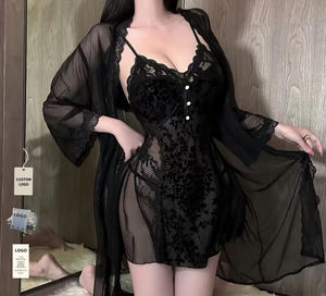 روب نوم فاخر من المخمل الوردي، قميص نوم مفتوح من الأمام، فستان نوم شفاف أسود بفتحة صدر عميقة مع حشوة للصدر، ملابس نوم مثيرة للنساء - Product Image 1