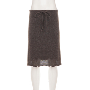 Jupe mi-longue vintage américaine à taille basse, avec cordon de serrage et ourlet à volants, en tricot épais, couleur Maillard, simple et polyvalente, pour l'automne et l'hiver - Product Image 6