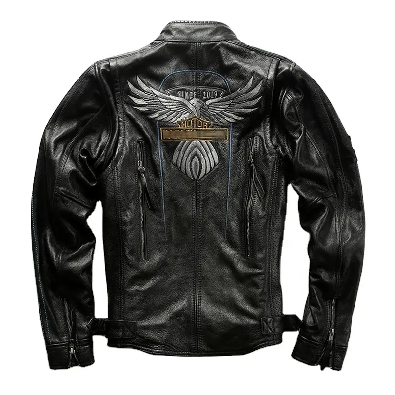 Wholesale Custom Winter Autumn Genuine Leather Men's Eagle Embroidery Motorcycle Coats Plus Size Cowhide Jacket