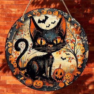 Cross-border Halloween Hot Selling Home Decor Black <b>Cat</b> Pumpkin Wooden Round Sign Creative Hanging <b>Tag</b> - Product Image 3