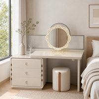 Coiffeuse à panneaux laqués brillants avec miroir LED floral, trois tiroirs, écran cannelé et pouf rond
