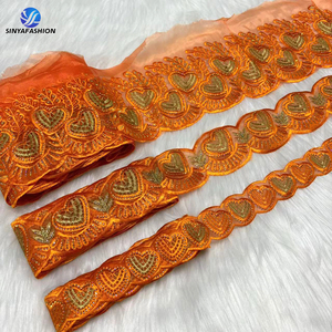 Passamaneria in pizzo ricamato arancione Sinya, tessuto in <span class=keywords><strong>organza</strong></span> con pietre africane nigeriane di alta qualità, 15 iarde/set - Product Image 1