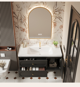 Meuble-lavabo mural de salle de bain de luxe moderne gris foncé laqué en PVC, avec vasque en céramique, miroir et deux tiroirs – Nouveauté 2026 – Fournisseur d'usine - Product Image 4