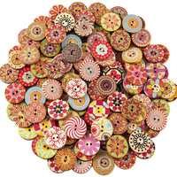 100 Buah Kancing Lukis Warna Campuran 2 Lubang Kancing Kayu untuk Jahit 20Mm 25Mm