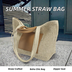Sac fourre-tout en paille naturelle tressée pour femme avec doublure en cuir véritable, ouverture supérieure, bandoulière, sac à main décontracté de plage, léger - Product Image 3