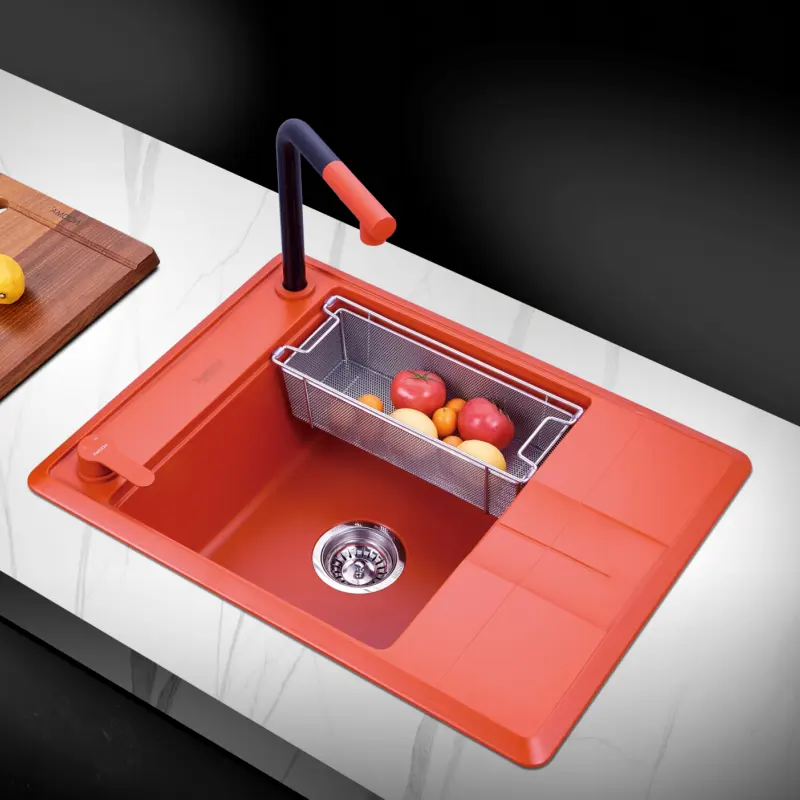 Drop In Kitchen Sink- Topmount Kitchen Sink orange Quartz Composite Deep Single Bowl Kitchen Sink with Dish Grid& Strainer