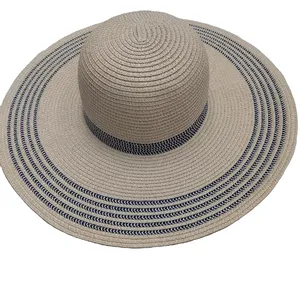Summer Large Brim Beach Sun Ladies Hats Womens Black White Stripes Floppy Straw Hat