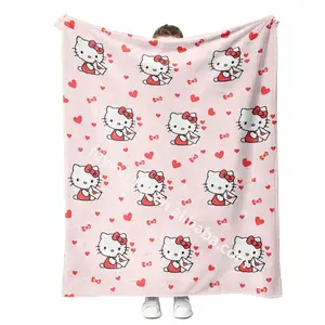 Customizable Kawaii Kitties Sanrio Cartoon Hello Anime Fleece Flannel Printed Sofa Travel Beach Throw Blankets