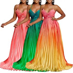 Venta caliente verano Mujer cuello profundo Sexy espalda descubierta Slip vestido gradiente plisado fiesta de noche Vestidos largos - Product Image 1