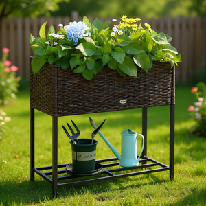 Jardinière surélevée en rotin de 28 pouces de hauteur avec rangement pour outils, support métallique pour outils de jardin, utilisation intérieure/extérieure, marron - Product Image 2