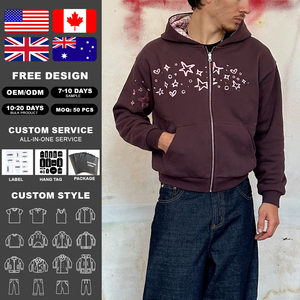 เสื้อฮู้ดดี้พรีเมียมวินเทจทรงโอเวอร์ไซส์ผ้าฝ้ายหนานุ่มแบบซิปสำหรับผู้ชาย ลายสก็อตบุซับใน ปักลายดาวและหัวใจ สไตล์สตรีทแวร์ - Product Image 2