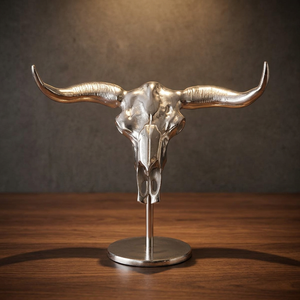 Silver Bull Skull Sculpture Modern Animal Figurine Tabletop <b>Decor</b> Living Room Artistic Metal Handicraft Single Piece - Product Image 3