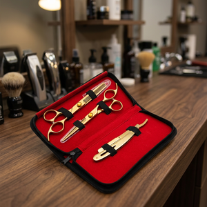 Ensemble de ciseaux de coiffure professionnels, lames en acier inoxydable, finition dorée, outils de salon, pour droitiers, manche long, sécurité des écrous de serrage - Product Image 1