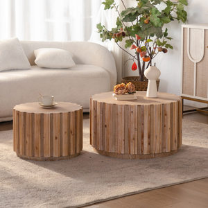 Set di 2 tavolini da caffè rotondi ad incastro in legno di noce, tavolini d'appoggio con corpo a doghe verticali, stile rustico da fattoria - Product Image 2