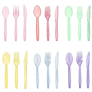 Vaisselle jetable en plastique transparent coloré avec paillettes pour fêtes, couteaux, cuillères, fourchettes pour anniversaires et événements - Product Image 2
