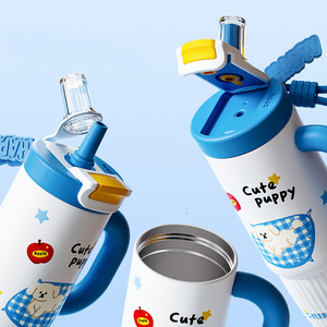 Gobelet isotherme vertical à motifs de dessins animés 800 ml, en acier inoxydable SUS304, avec couvercle en PP, paille, joint en silicone, grande poignée, tasse de voyage pour café, logo personnalisé - Product Image 6