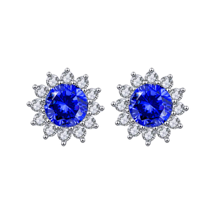 925 Sterling <b>Silver</b> Rhodium Plated Sapphire Oval Cut <b>Stud</b> <b>Earrings</b> Flower Design for Wedding Gift - Product Image 1