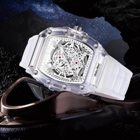 Nouvelle Arrivée Montre à Quartz pour Homme Boîtier Transparent Unique en Forme de Baril Bracelet en Silicone Résistant à l'Eau 30M Design Tendance