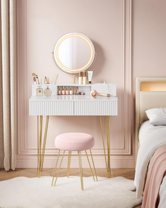Table de maquillage moderne SENYU avec miroir éclairé et tabouret, blanche avec pieds dorés, bureau de coiffeuse pour chambre à coucher avec tiroirs de rangement - Product Image 2