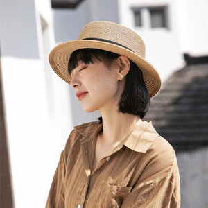 Retro French Straw Hat For Women Summer Flat Top Hat Black Coffee Color Toquilla Material Sun Protection Beach Outing Use - Product Image 2