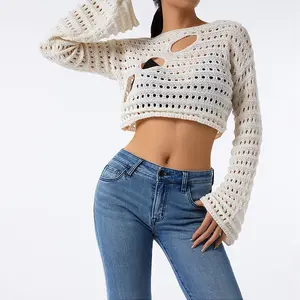 Benutzer definierte Langarm Häkeln Strick Pullover Strand Pullover Streetwear Frauen Crop Tops Hollow Out Sweater
