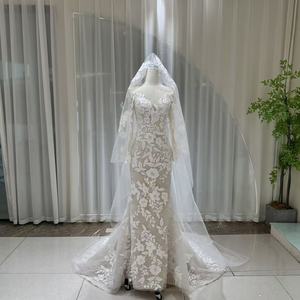 Lsoy053 Elegant Ivory Illusion Lace Ball Gown Bridal <b>Wedding</b> Dress Floral Embroidery Sheath Chapel Train Lace Veil Floor-Length - Product Image 1